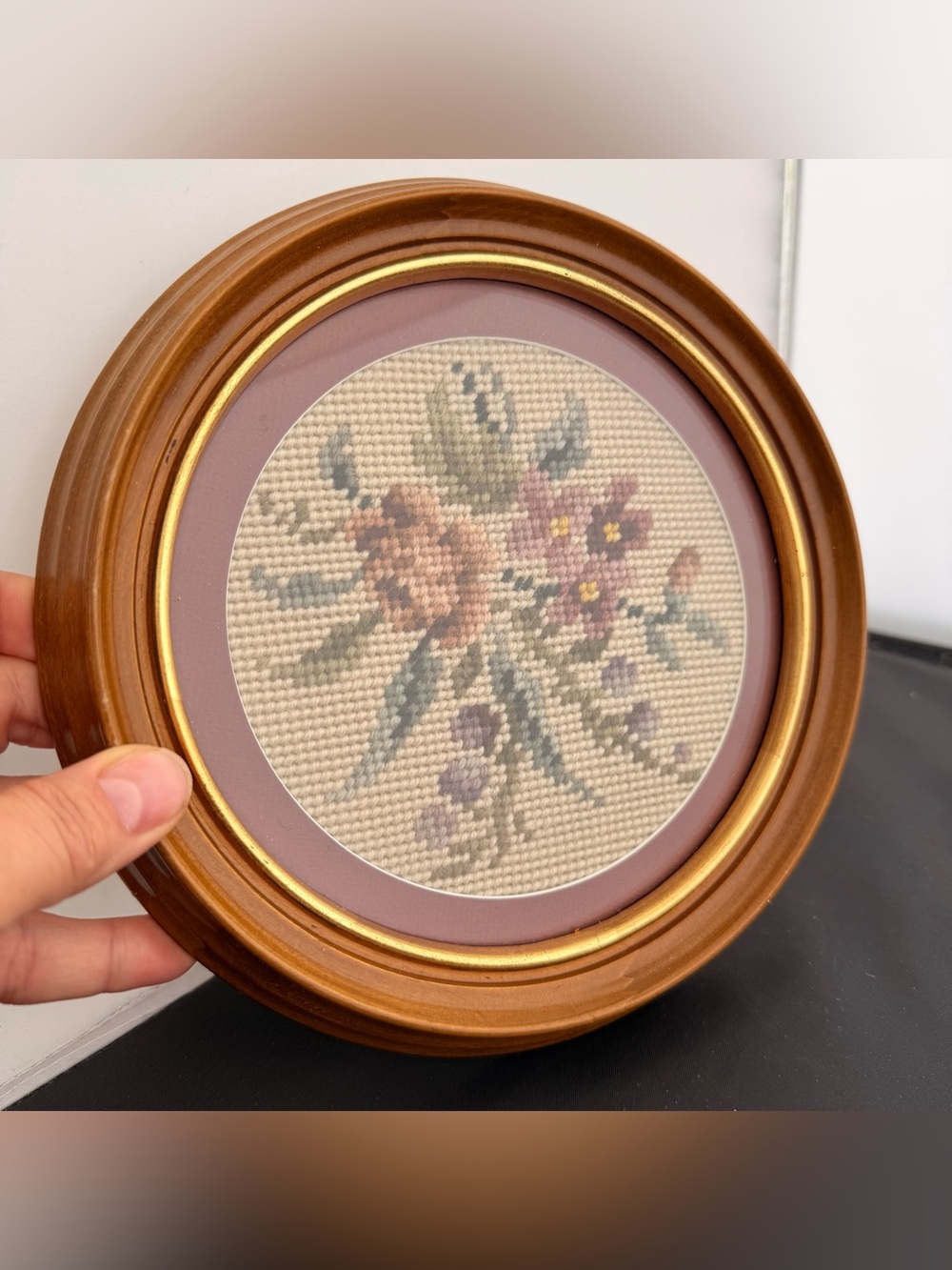Vintage Framed Floral Needlepoint embroidery Wall Accent